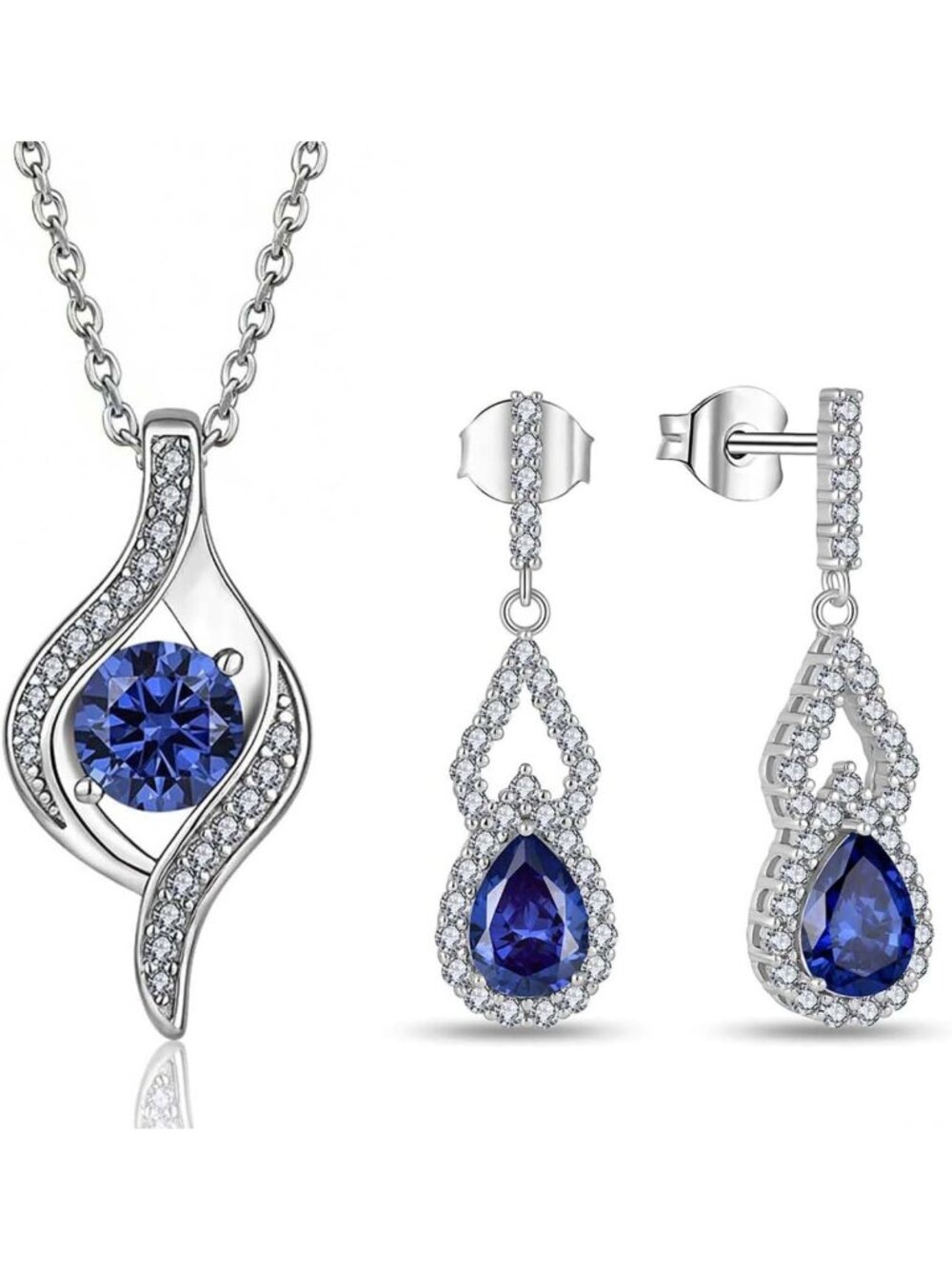 Sapphire Blue Jewelry Set for Women - Silver Tone Necklace & Dangle Earrings